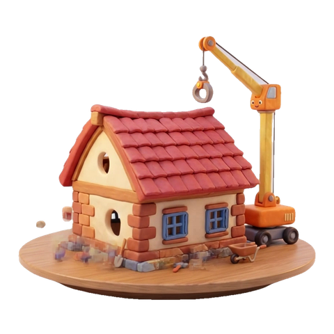 A cartoon 3D home being built from the ground up while it rotates
